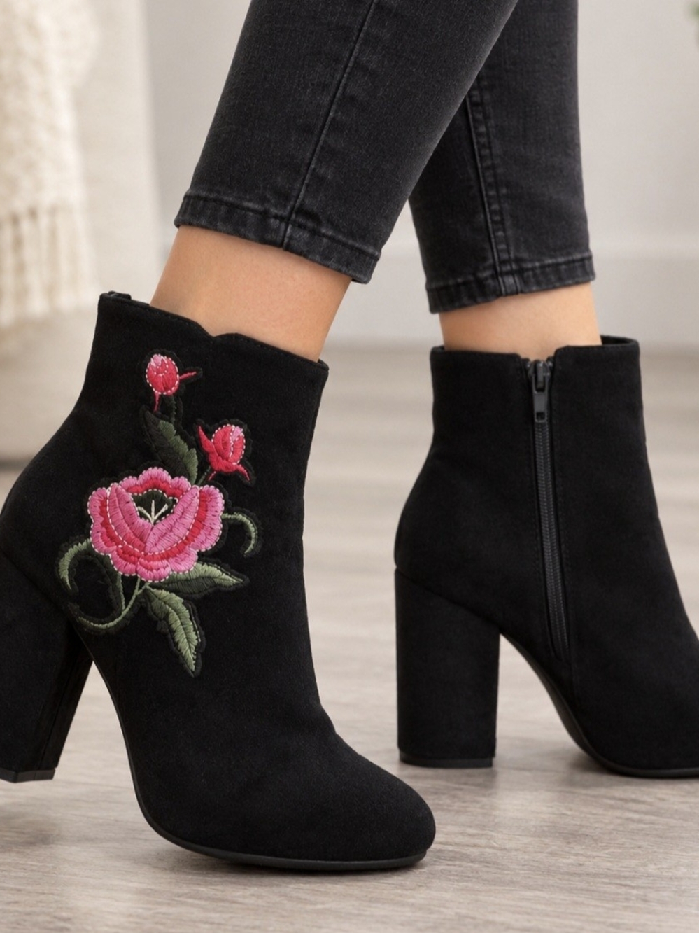 Hot Kiss Black Ankle Boots with Pink Floral Embroidery